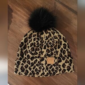 Leopard Print Kids Beanie with Black Pom